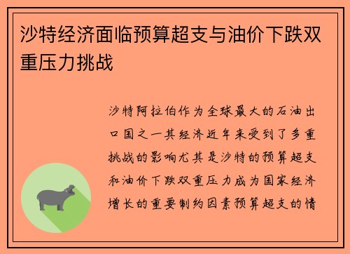 沙特经济面临预算超支与油价下跌双重压力挑战 沙特经济面临预算超支与油价下跌双重压力挑战